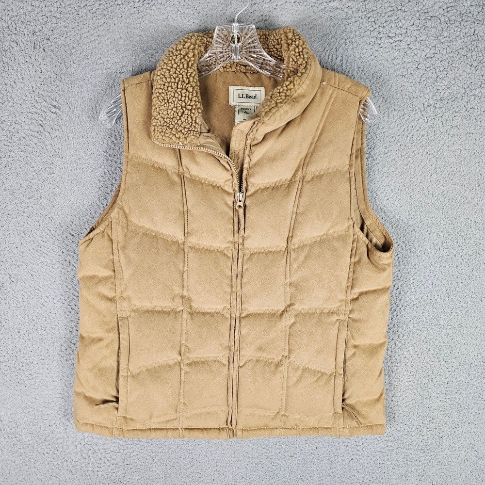 LL Bean Vest Womens L Tan Goose Down Faux Suede Sherpa Collar Puffer OGDD3